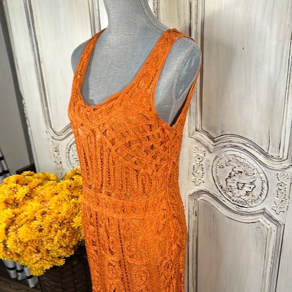 R&M Richards Elegant Orange Beaded Battenberg Lace Dress Special Occassion - Picture 4 of 10